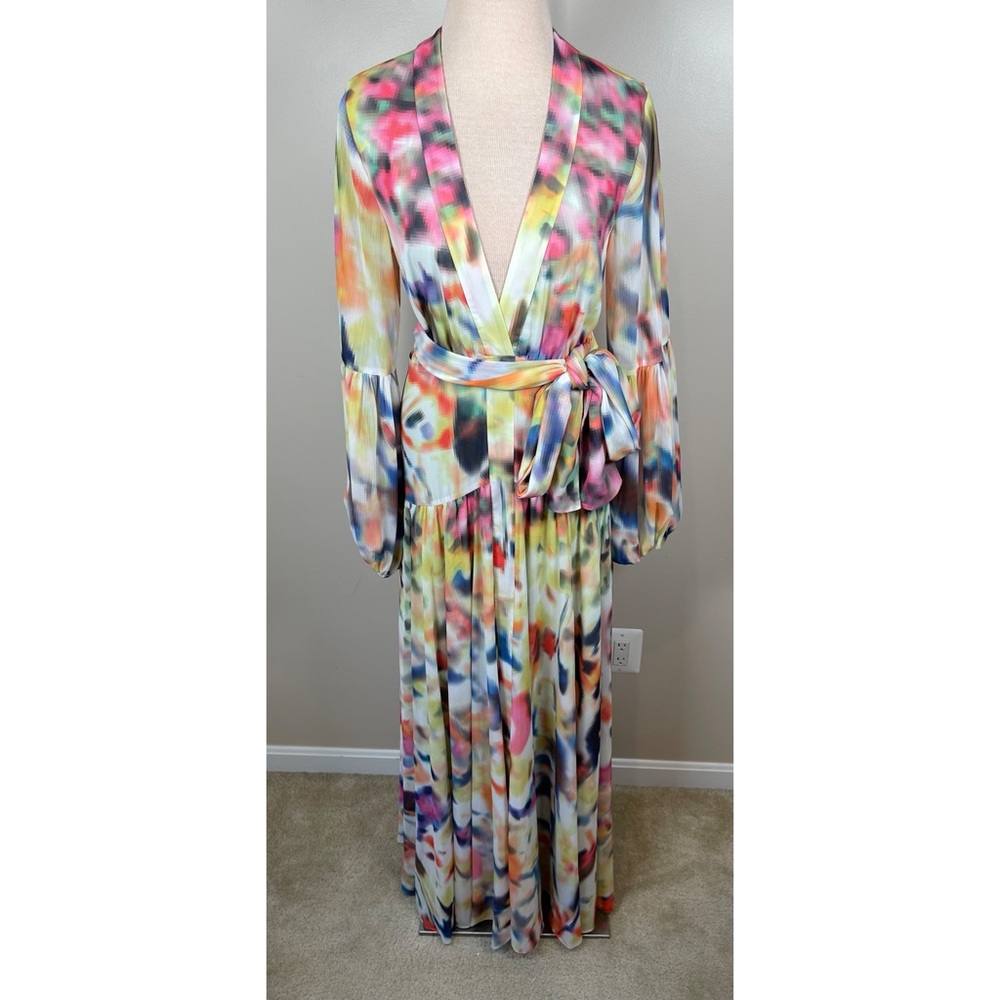 Alexis Becker Iridescent Long Sleeve Belted Plunging V Neckline Maxi Dress Sz S - Picture 5 of 11